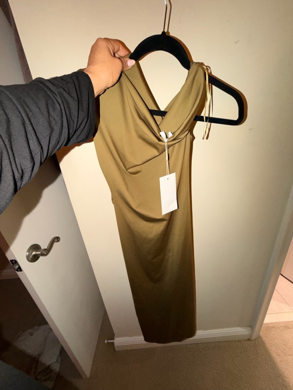 Zara Olive One-Shoulder Cowl Neck Midi Dress